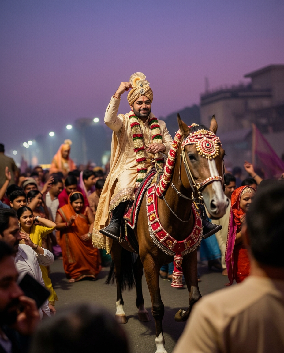 Baraat procession at dusk