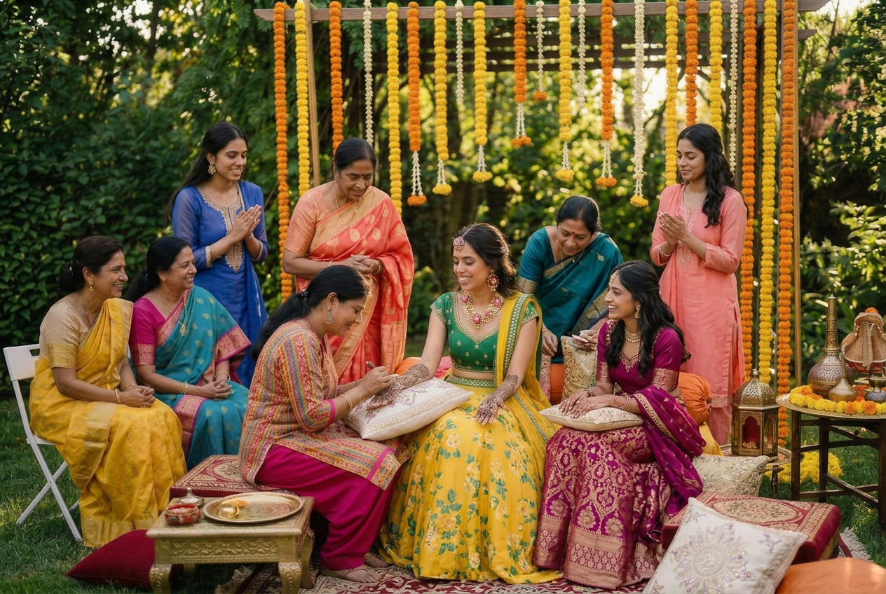 Indian bride celebrating her mehndi ceremony with family