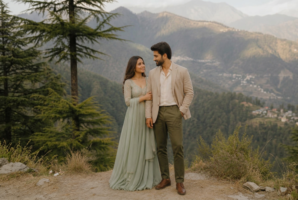 Indian pre-wedding couple portrait in the Dehradun mountains